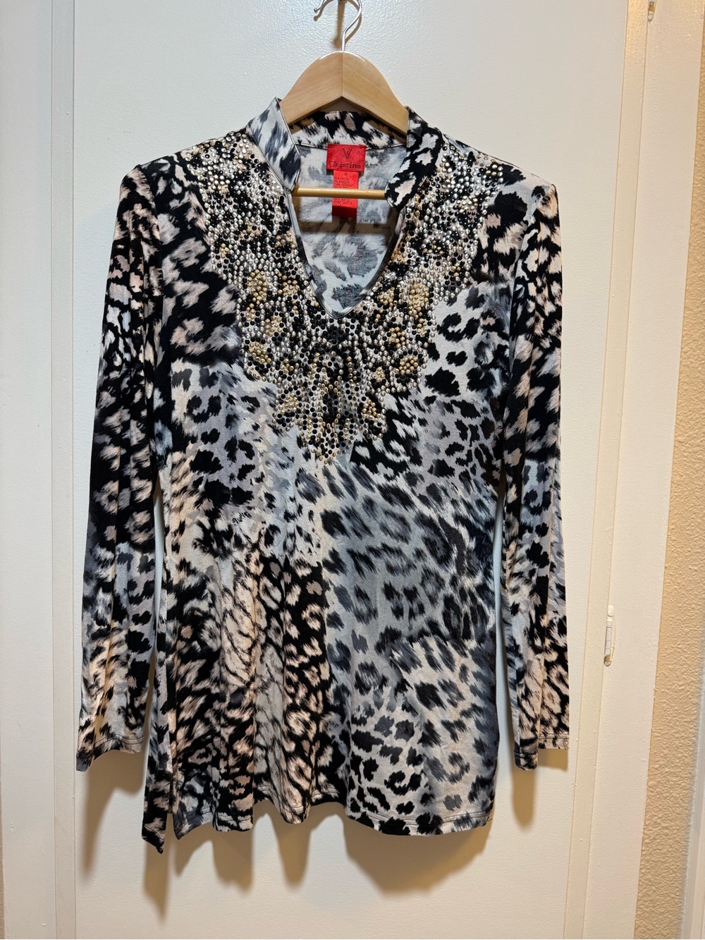 V Cristina Black & White Animal Print Long Sleeve Top with Beaded V-Neck